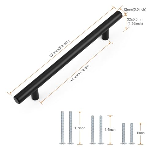 Probrico 30 Pack Hole Centers(160mm) 6.25inch Matte Black Kitchen Cabinet Handles,Stainless Steel Dresser Drawer Pulls, 8.8inch Length Pull Handle for Cabinets - size: Center to Center: 6-1/4 inch