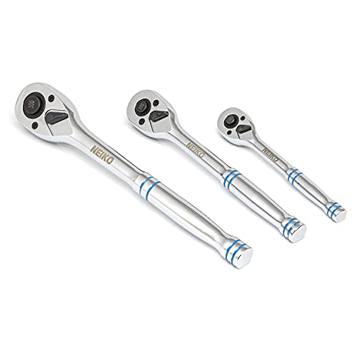 Neiko 03000A 100-Tooth Quick-Release Ratchet-Wrench Set, 1/4-Inch-, 3/8-Inch-, and 1/2-Inch-Drive Ratchets, 3.6-Degree Swing, CrMo Steel, 3-Piece Set - size: 1/4", 3/8", 1/2" Drives, style: Ratchet