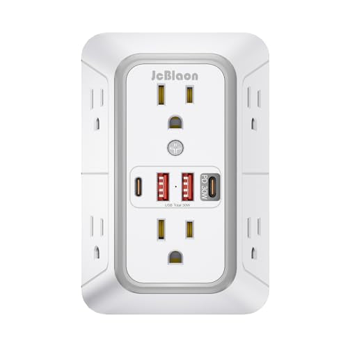 JcBlaon Surge Protector Outlet Extender 6 Outlet Extender with 4 USB Ports (PD 30W), 3 Sided 1050J Multi Plug Wall Adapter Power Strip for Home Travel Office Essentials-ETL - color: White PD30W 1PC
