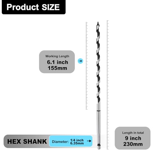 3 Pack 1/4" X 9" Auger Bit for Wood, 6x230mm Hex Long Auger Drill Bit - size: 1/4" (6mm)diameter, style: 9 inch / 230mm Length