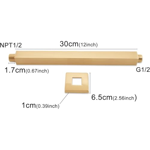 Enga Brass 12 Inch Ceiling Mount Shower Arm and Flange, Square Rain Shower Head Arm, Brushed Gold - color: Brushed Gold, style: 12 Inch