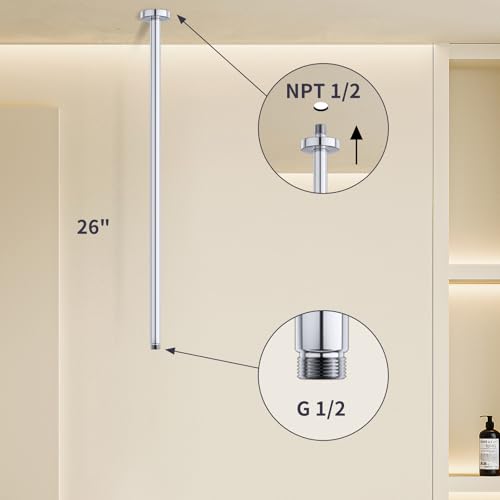 Chrome 26 Inches Ceiling Mount Round Shower Arm With Flange Straight Extender Extension Pipe Replacement Rain Shower Head Straight For Fixed - color: Chrome