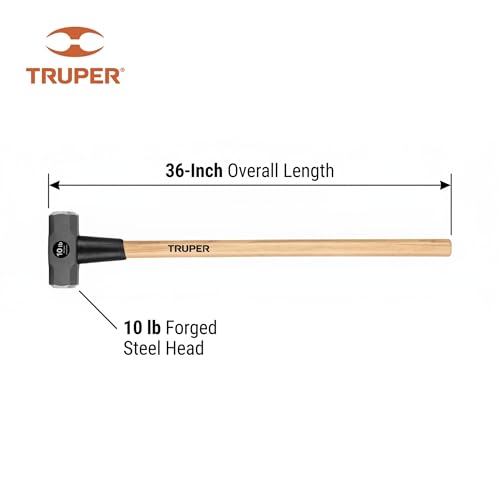 Truper 10 lb Sledge Hammer, 36-Inch American Hickory Wood Handle, Double-Faced Forged Steel Head, Professional-Grade Heavy Demolition Tool (Model 30919 / MD-10H) - size: 10 lb, style: Hickory