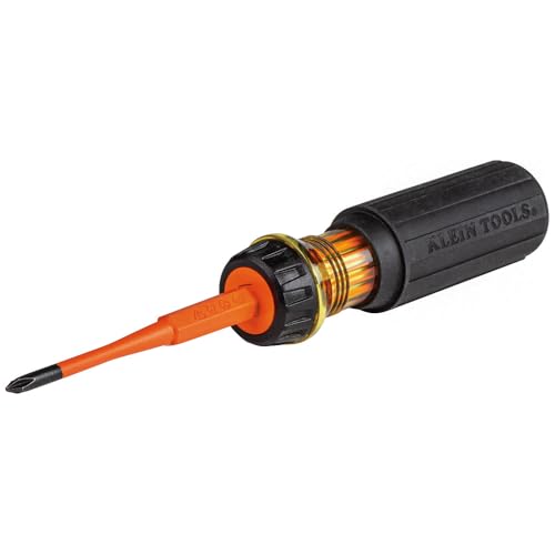 Klein Tools 32286 Insulated Screwdriver, 2-in-1 Screwdriver Set with Flip Blade, #1 Phillips and 3/16-Inch Slotted Tips, Double-Ended Blades - size: #1 PH + 3/16 SL