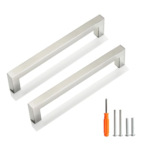 Cabinet Pulls Brushed Nickel Cabinet Handles Square Drawer Pulls, 5 Pack 6-1/4 Inch Stainless Steel Kitchen Door Cupboard Cabinet Handles, Cabinet Hardware Drawer Handles, 160mm Hole Centers - color: Brushed Nickel, size: Two Hole - 6-1/4 inch Hole Center