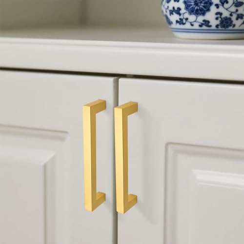 KNOBWELL 6Pack 5 Inch Brushed Gold Cabinet Pulls Stainless Steel Kitchen Cabinet Handles Square Drawer Pulls Modern Cabinet Hardware Handles，128mm Hole Centers - color: Brushed Gold, size: Hole Center:5 inch(128mm)