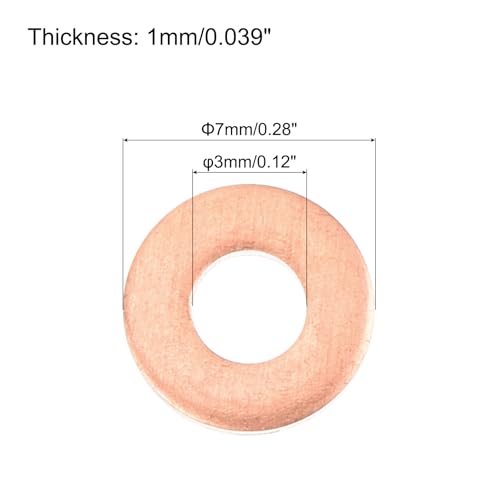 MECCANIXITY 52 Pcs Flat Copper Washers, 3x7x1mm Copper Upgraded Flat Metric Sealing Crush Ring Washers for Hydraulic Fittings Screw Bolt Nut Electronic Repair - size: 3x7x1mm