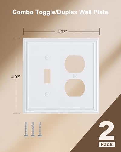 2-Pack Zinc Alloy Combo Toggle/Duplex Light Switch Cover Plate - color: Pure White, size: 1 Toggle/1 Duplex 2PK