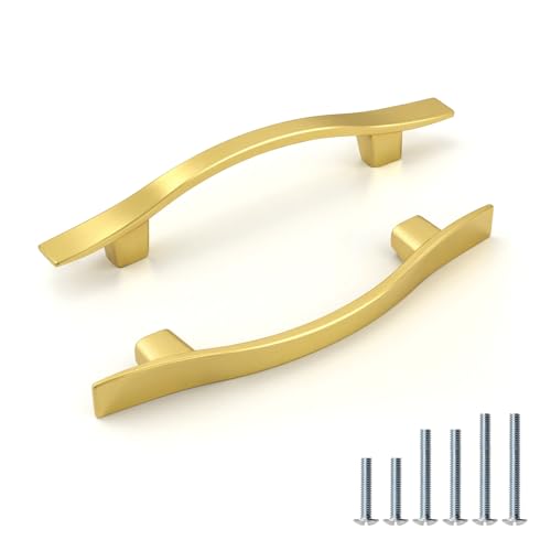 KNOBWELL 30 Pack 3 inch Hole Center Matte Gold Kitchen Cabinet Pulls,Wave Style Modern Dresser Pulls Hardware Kitchen Cabinet Handles for Bathroom Bedroom Vanity,Zinc Alloy - color: Brushed Gold, size: Hole Center：3 inch（76mm）