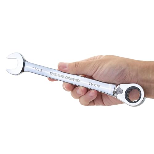 BLACK CANYON 11/16 Inch Ratchet Combination Wrench, 12-Point Box End & Hex Opening, Polished Steel Ratcheting Wrench with SAE & Metric Sizes - size: 11/16 Inch, style: Inch
