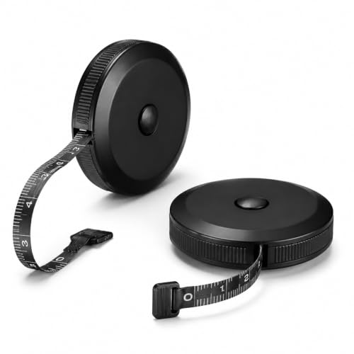 Retractable Soft Tape Measure 2 Pack, Dual Scale for Body Sewing | Black retractable tape with cm/inch scales, 5.2cm diameter, ABS case and PVC tape for sewing and crafting - color: Black
