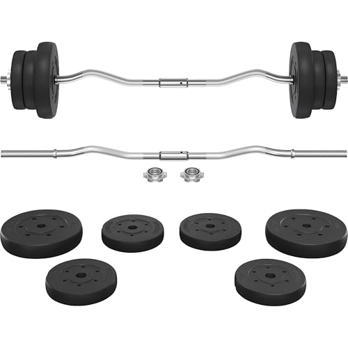 Yaheetech Curl Bar with Weights Adjustable W-Shaped Barbell Home Gym Set | Knurled iron bar with concrete-filled hdpe plates, star locks adjust weight for compact, gym-free strength training at home - size: 55 lbs