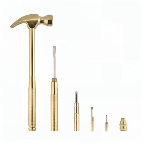 Multifunction Hammer 6 in 1 with Slotted/Flat Head Phillips Screwdriver Claw Hammer Manual, Portable Metal Mini Tool Hammer (Gold) - color: Gold