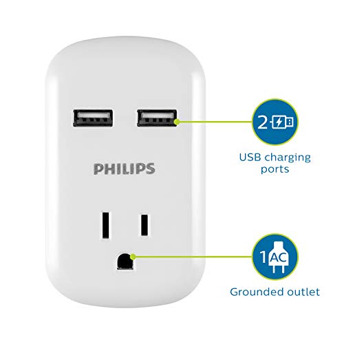 Philips Outlet Extender with 2 USB Ports, 3 Prong Wall Adapter