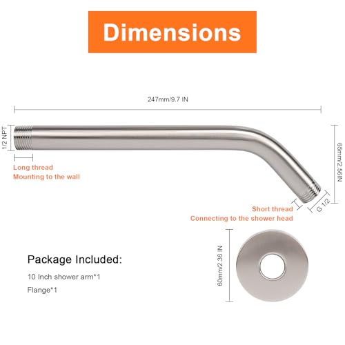 Shower Arm with Flange and Teflon Tape, Wall Mounted Shower Pipe 304 Stainless Steel Extension Arm for Fixed Shower Head & Handheld (10 Inch, Brushed Nickel) - color: Brushed Nickel, style: 10 Inch