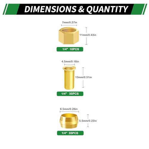 80pcs 1/4" Brass Compression Sleeves Ferrules Inserts Nuts Fittings - color: 80PCS 1/4"