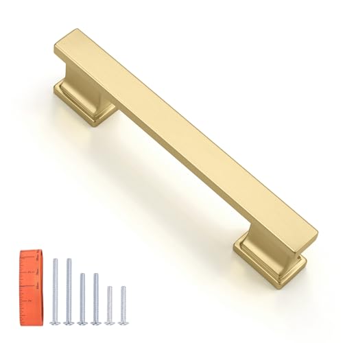 KNOBWELL 6 Pack Brushed Gold Solid Cabinet Pulls 3-3/4 Inch(96mm) Hole Center Kitchen Cabinet Handles,Cabinet Hardware for Cupboard Drawer Pulls - color: Brushed Gold, size: Hole Center：3-3/4 inch（96mm）