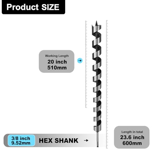 1-1/2" X 23.6" Auger Bit for Wood, 38x600mm Extra Long Auger Drill Bit | 3/8" Hex Shank,for Hard Wood,Ship, Composite Materials, Drywall and DIY Projects - size: 1-1/2" (38mm)diameter, style: 23.6 inch / 600mm Length