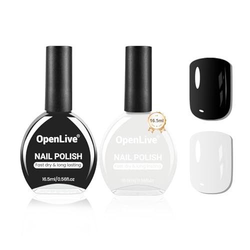 OpenLive 2Pcs Nail Polish Set 16.5ml Black and White Quick Dry Nail Polish Non Gel Nail Art DIY Home Manicure Gift for Women - color: Black and White