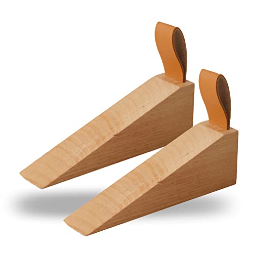2Pack Large Wooden Door Stopper Non-Slip Security Wood Door Wedge with Leather Strap for Hanging Door Stopper, in House Bedroom Office Living Room Hotel Cabin (Large 2pcs) - style: Large (2pcs)
