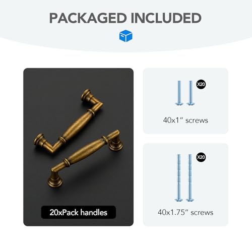 HOME EDIT Antique Brass Cabinet Handles 3-3/4 Inch Pulls 20 Pack - color: Antique Brass, size: 3-3/4 inches Hole Center