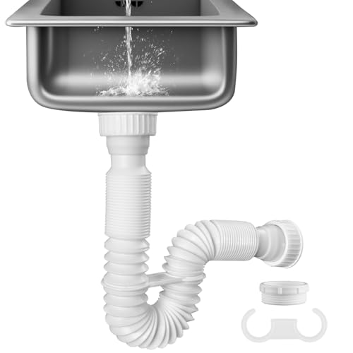 Sink Drain Pipe, Flexible Sink P-Trap Pipe for Kitchen & Bathroom, White - color: White