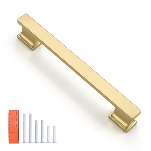 KNOBWELL 6 Pack Brushed Gold Solid Cabinet Pulls 5 Inch(128mm) Hole Center Kitchen Cabinet Handles,Cabinet Hardware for Cupboard Drawer Pulls - color: Brushed Gold, size: Hole Center：5 inch（128mm）