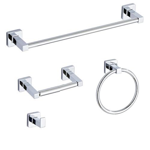 Chrome Bathroom Hardware Set 4 Pieces,Towel Bar Set Stainless Steel Wall Mounted, Includes 16In Hand Towel Bar, Towel Ring, Robe Towel Hooks,Toilet Paper Holder, Bathroom Towel Rack Set - color: Chrome-4pcs, size: 16Inch