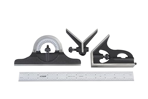 12-Inch Machinist Combination Square – 16R Graduation (1/32", 1/64", 1/50", 1/100") with Adjustable Head and Spirit Level, Made in US - color: 4-Piece Combo Square