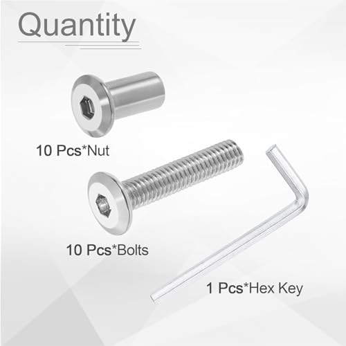 HARFINGTON 10 Set M6x35mm Hex Drive Socket Cap Bolt and M6x15mm Nuts with M4 Hex Wrench, Furniture Connector Bolts and Screws for Furniture Countersunk Belt, Silver - size: M6x35mm, M6x15mm