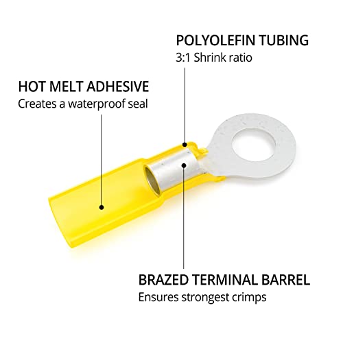 Wirefy 90 PCS Heat Shrink Ring Terminals 3/8" - a Resistant Ring Connectors - Eyelet Wire Connectors - Yellow 10-12 AWG
