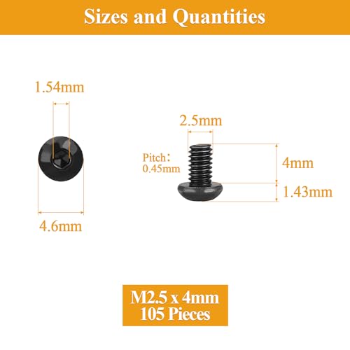 105 Pieces M2.5 x 4mm Button Head Socket Cap Screws, Thread Pitch 0.45mm, Sutemribor M2.5 Black Screws, 10.9 Grade Alloy Steel, Black Oxide Finish, Fully Threaded - size: M2.5 x 4mm, style: Button Head