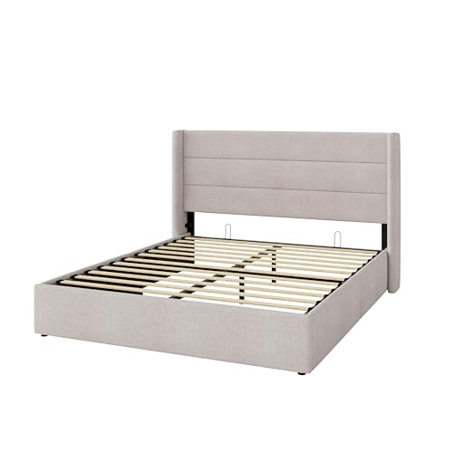 Allewie Full Size Lift Up Hydraulic Storage Bed Frame Light Beige - color: Beige, size: Full, style: Modern