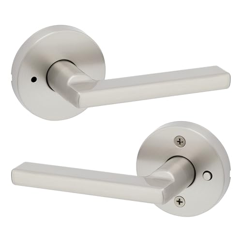 Kwikset Halifax Interior Privacy Door Handle with Lock, Round Lever for Bathroom and Bedroom, Satin Nickel Reversible Keyless Push Button Lock Door Lever, with Microban Protection - color: Satin Nickel, size: 1 Pack