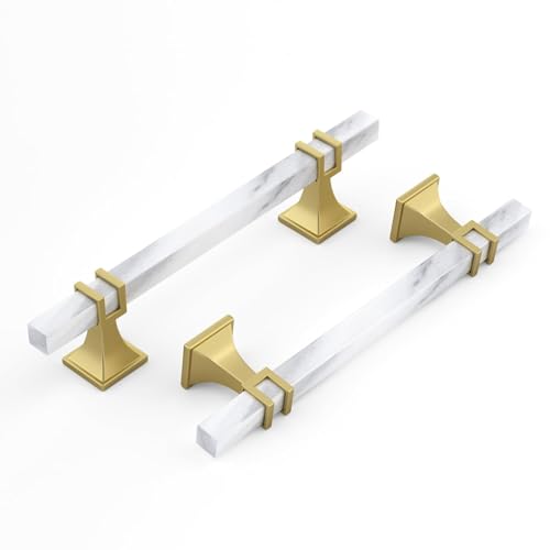 10 Pack 5 Inch White Marble Cabinet Pulls, Gold Marble Grain and Gold Handles, Kitchen Cabinet Hardware - color: White Marble & Matte Gold, size: 5 inch (128mm) Hole Center Pull