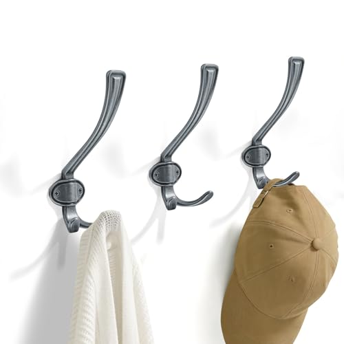 TUNNY Coat Hooks - Heavy Duty Hooks-Antique Nickel Coat Hooks, Pack for 3 Entry Shoe Cabinets On Door Hanger, wall Hook for Hanging Towel,Purse, Robe, Backpack, Jacket, Clothes - for Bathroom - color: Antique Nickel