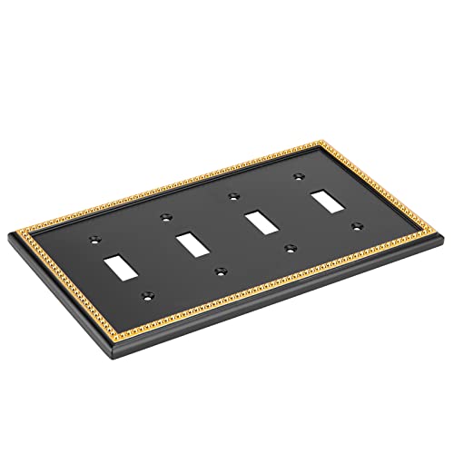 Pearled Frame Decorative Wall Plate Switch Plate Outlet Cover (Quad Toggle, Black & Dark Golden) - style: Quad Toggle