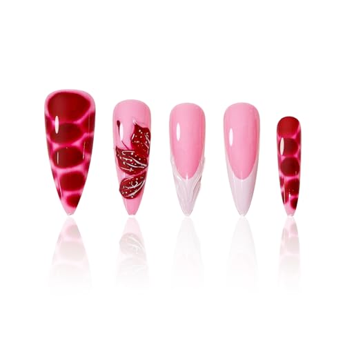 3D Pink Press on Nails Almond - Medium French Tip Fake Nails with Embossed Flower&Red Charm Designs, Glossy Finish Reusable False Nails 24Pcs Nail Kit for Women Manicure(3D Embossed design 1) - color: 3D Embossed design 1