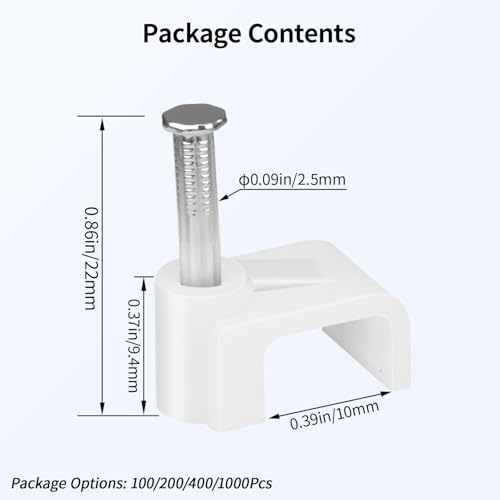 LeMotech Flat Cable Clips, 100pcs 10mm Wire Wall Clips with Steel Nails, Coaxial Nail Clamps for Cable Cord Management CAT6 CAT6e RJ45 Ethernet Cable Clamps, White - size: Flat (10mm)