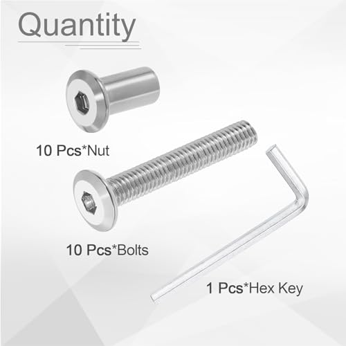 HARFINGTON 10 Set M6x40mm Hex Drive Socket Cap Bolt and M6x15mm Nuts with M4 Hex Wrench, Furniture Connector Bolts and Screws for Furniture Countersunk Belt, Silver - size: M6x40mm, M6x15mm