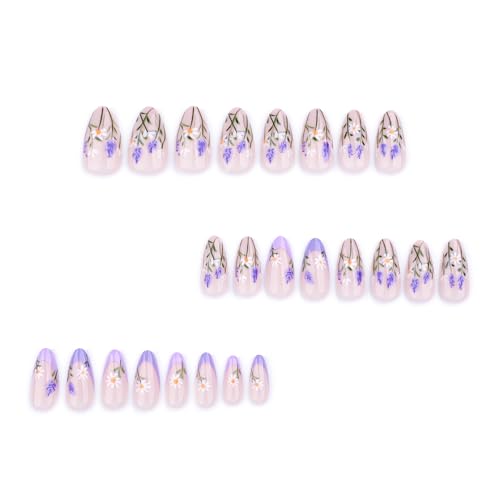 Press On Nails Spring Summer Acrylic Nails for Women - Lavender Designer Fake Nails Short Almond 24PCS, Glossy Soft Gel with Glue, Outdoor Picnic/Wedding/Party Reusable Stick On Nails Gift - color: 3760-Lavender, size: 24 Pieces (Pack of 1)