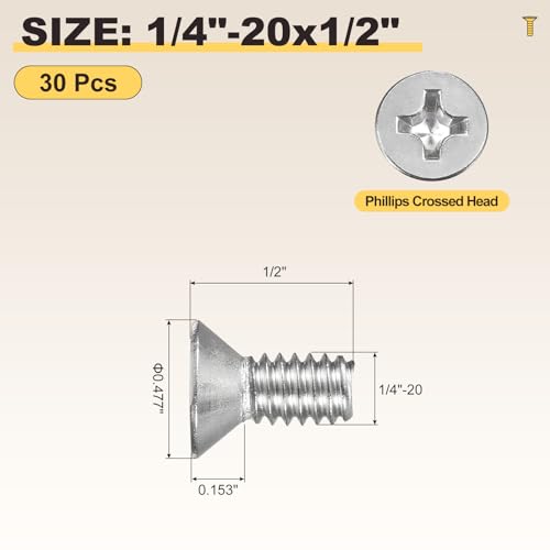 METALLIXITY 1/4"-20x1/2 Phillips Flat Head Bolts 304 Silver 30Pcs - color: Silver, size: 1/4"-20x1/2"