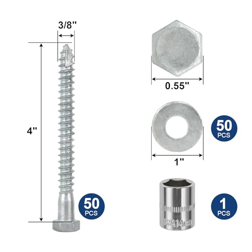 3/8" x 4" Lag Screws Bolts with Washers(50Pcs) - size: 3/8x4in