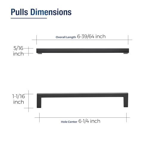 JOY DECOR Matte Black Cabinet Pulls Slim Square Handles 6-1/4 Inch, 10 Pack - size: 6-1/4 Inch Hole Center