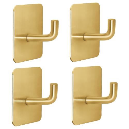 Adhesive Hooks for Bathrooms, 4 Piece Towel Hooks for Hanging Hat Robe Coat, Stick on Hooks for Kitchens, Strong Self-Adhesive No Damage Waterproof Stainless Steel Sticky Hook (Gold) - color: Square-A-Gold