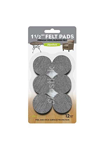 Slipstick Premium Wool Felt Furniture Pads/Chair Feet Floor Protectors (1.5 Inch Round) Includes 12 Heavy-Duty Felt Pads with Self Stick Adhesive, Gray, CB117 - size: 1-1/2" Round