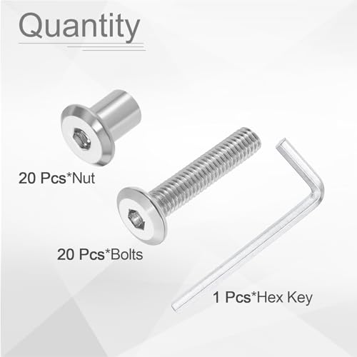 HARFINGTON 20 Set M6x30mm Hex Drive Socket Cap Bolt and M6x10mm Nuts with M4 Hex Wrench, Furniture Connector Bolts and Screws for Furniture Countersunk Belt, Silver - size: M6x30mm, M6x10mm