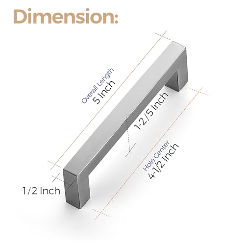 Ravinte Brushed Nickel Square Cabinet Handles & Pulls 4-1/2 Inch 10 Pack - size: 5 in (4-1/2 in Hole Center)
