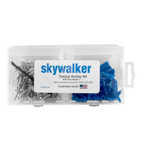 Skywalker Conical Anchor Kit Pan Head Screws with Blue Plastic Anchors & Drill Bit – Wall Anchor Set – Made in USA (100, #10-1") - size: #10