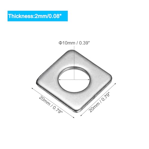 uxcell Square Washer, 25Pcs M10x20x20x2mm 304 Stainless Steel Square Plate Washers Flat Pad Spacer Gasket for Hardware Fastener - size: M10x20x20x2mm